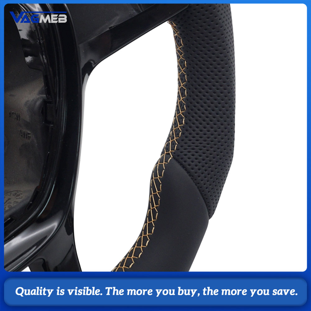 Car Steering Wheel Half Perforated Leather Brown Stitching With Trim Frame Without Control Buttons Replacement For VW T6 Transporter