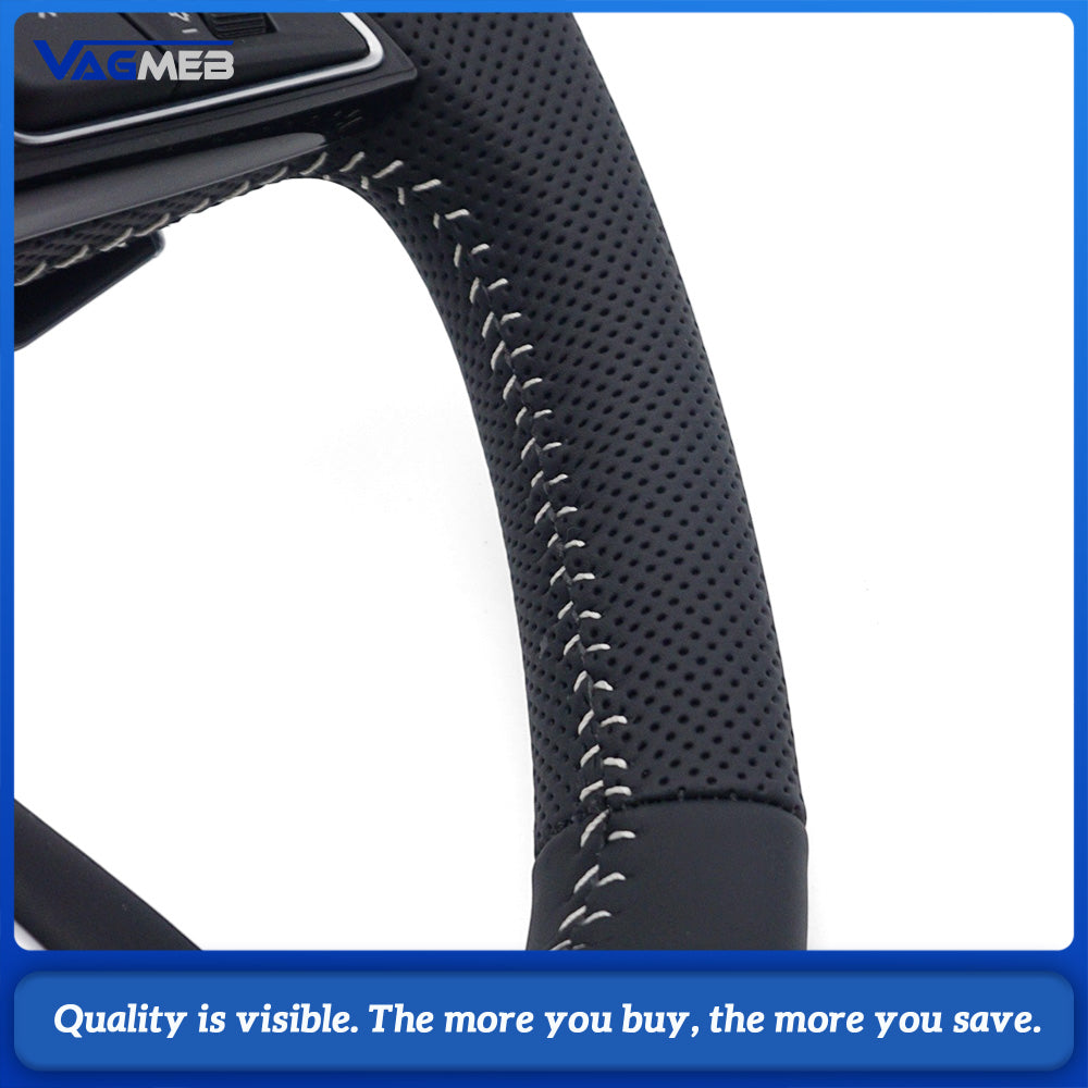 Half Perforated Leather Steering Wheel Fit for Audi A4 B9, White Stitching, With Buttons & Chrome Shift Paddles