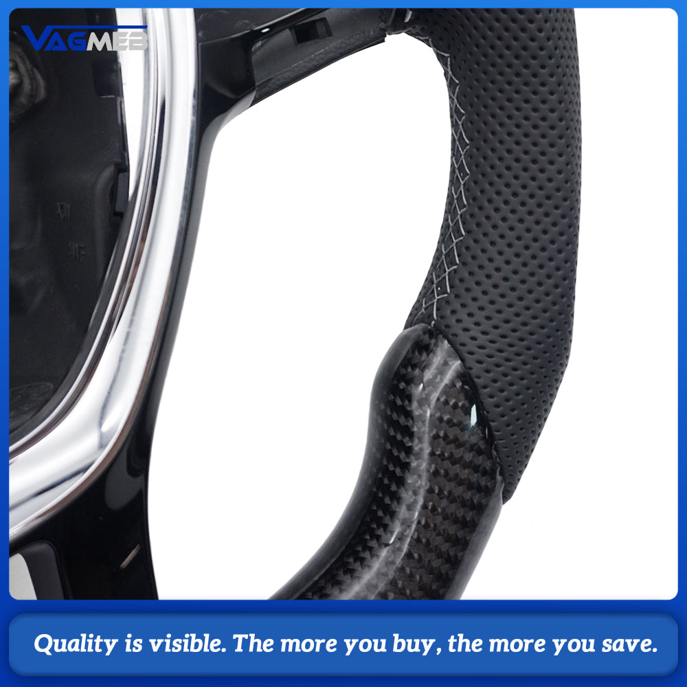 Carbon Fiber Sport Steering Wheel Semi‑Perforated Leather Grey Contrast Stitching White Center Mark Buttons Not Included For VW Transporter T6