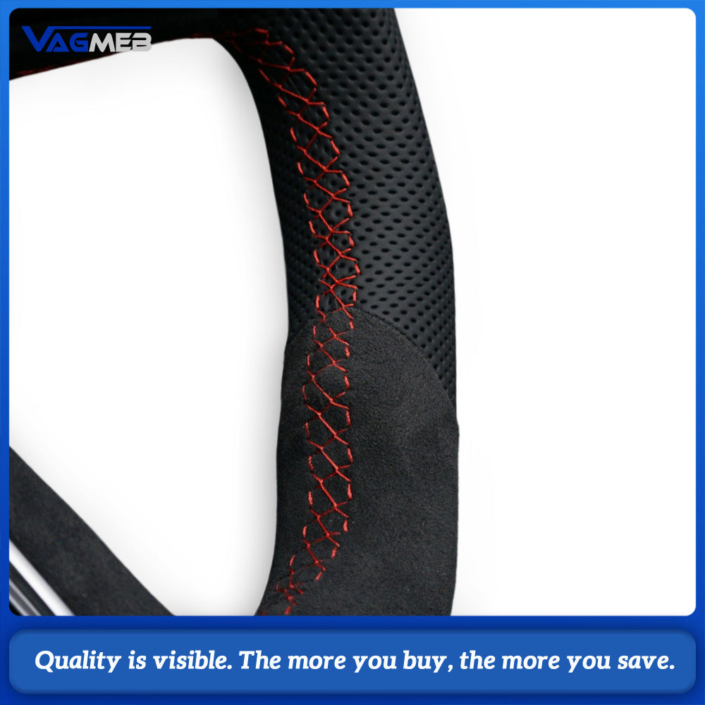 For Audi A4 B9 Steering Wheel, Top & Bottom Alcantara, Side Perforated Leather, Red Stitching, Red Center Marker, Contoured Design, Without Airbag