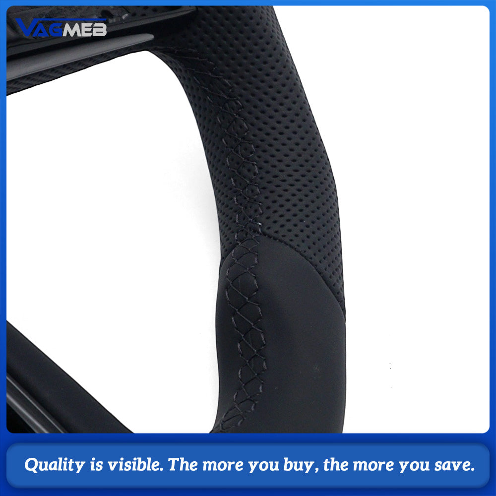 For Audi A4 B9 Shaped Steering Wheel, Half Perforated Leather Black Stitching Black Centering Marker Without Control Buttons and Shift Paddles