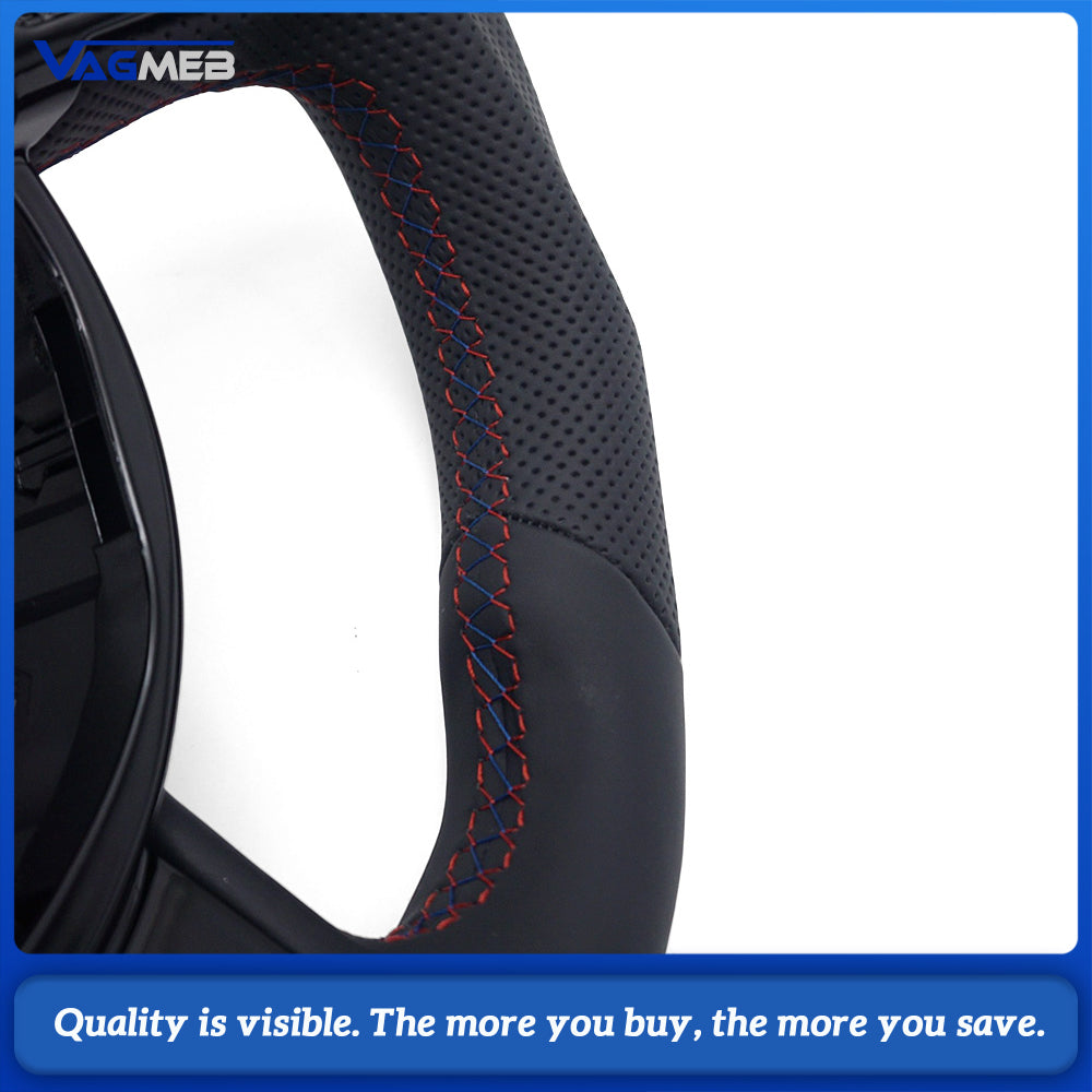 Semi‑Perforated Leather Steering Wheel Red‑Blue Stitching Black Center Mark Sculpted Flat‑Bottom No Paddle Shifters Buttons Not Included For Audi A4 B8