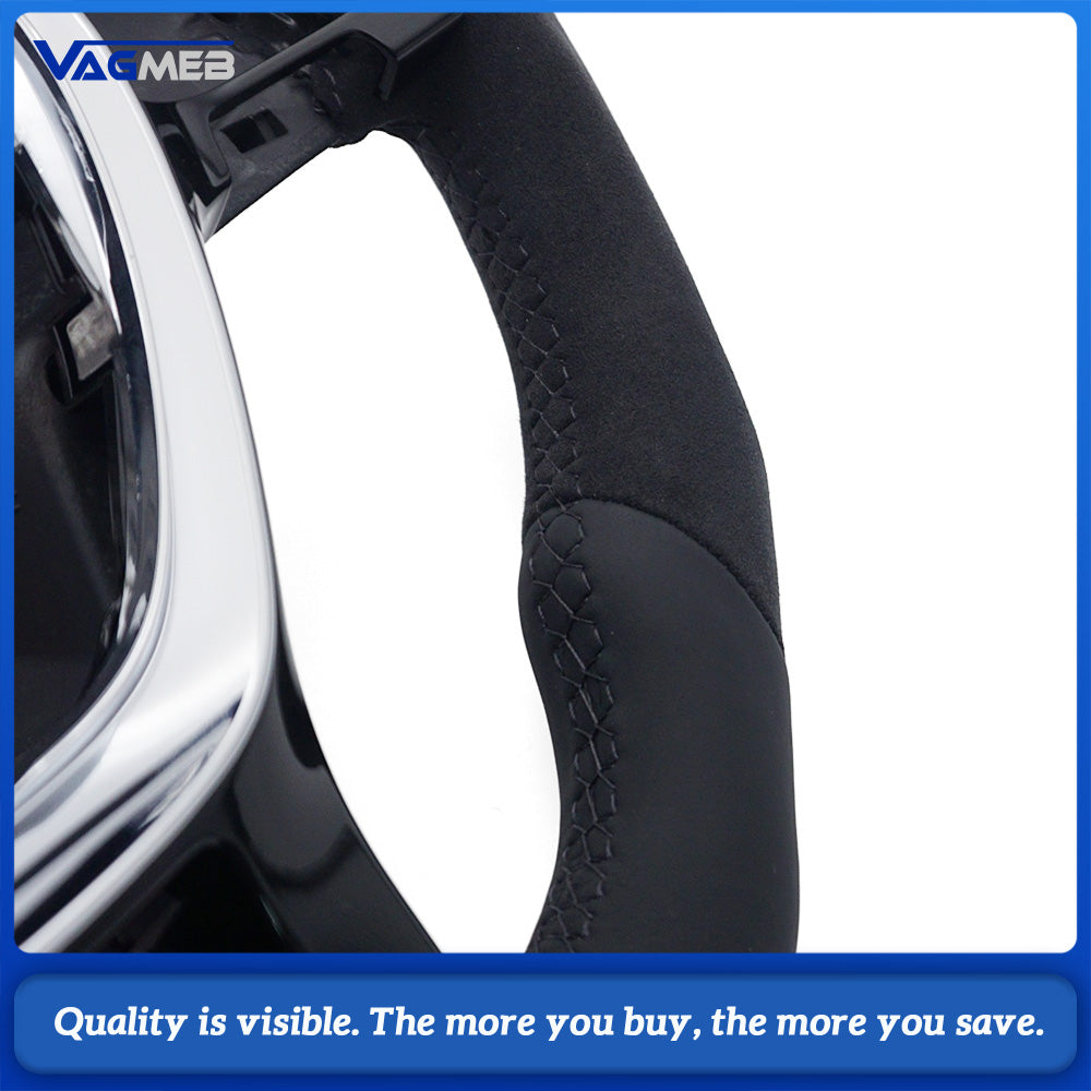 Car Half Suede Alcantara Steering Wheel Black Stitching With Blue Center Marker Replacement For VW T6