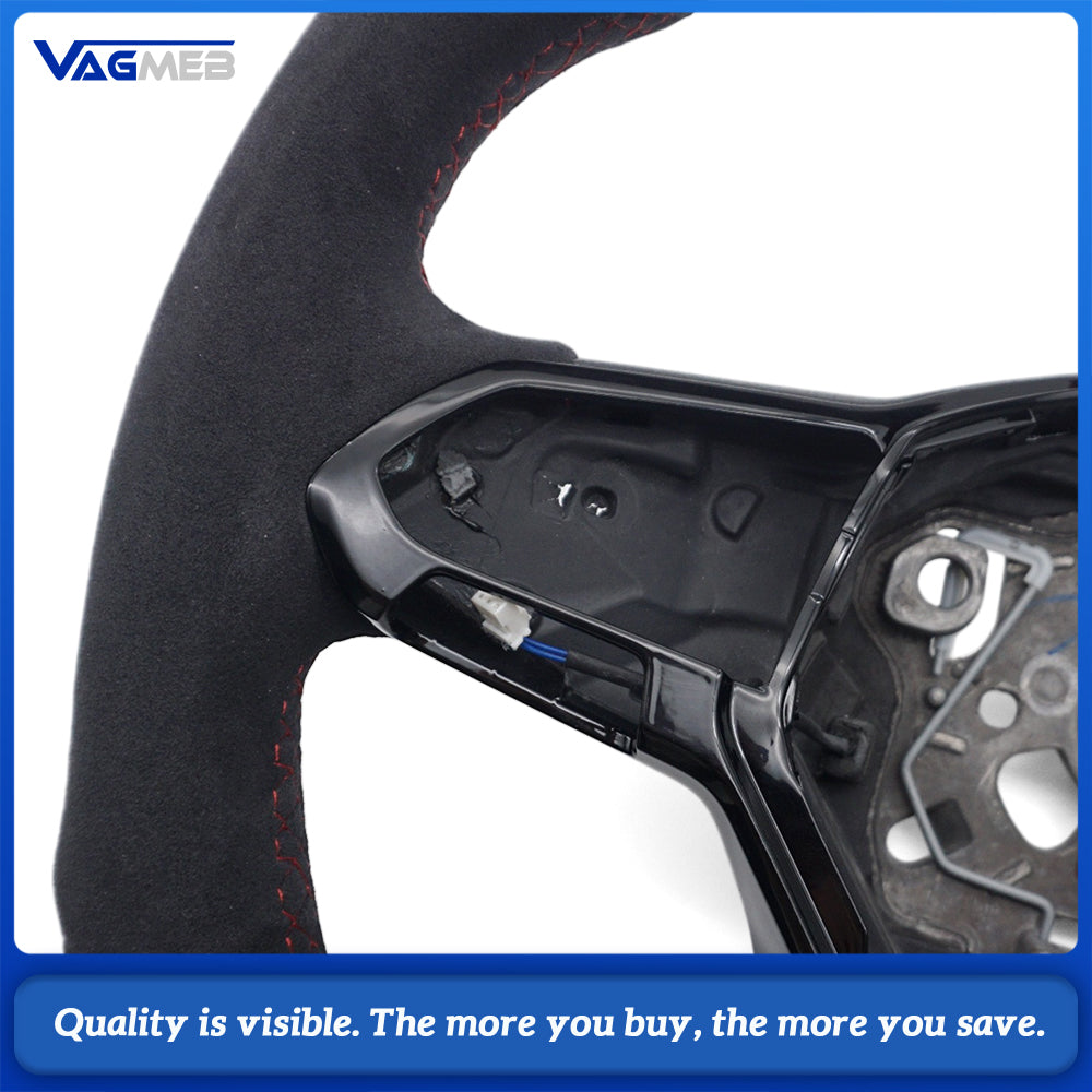 Car Full Suede Alcantara Steering Wheel Red Stitching Red Center Marker Without Control Buttons and Paddle Shifters Replacement For Volkswagen Golf 8 MK8