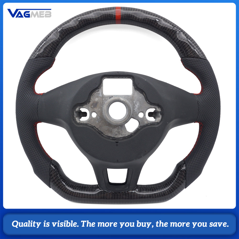 Car Carbon Fiber Half Perforated Leather Steering Wheel Red Stitch Red Centering Marker With Solid Carbon Fiber Button Frame For VW T6