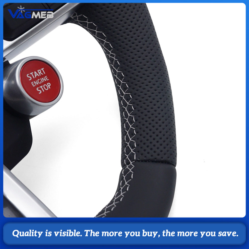 R8 Style Steering Wheel Semi‑Perforated Leather White Stitching With Paddle Shifters Full Multifunction R8 Satellite Buttons Hands‑Off Detection HOD For Audi R8