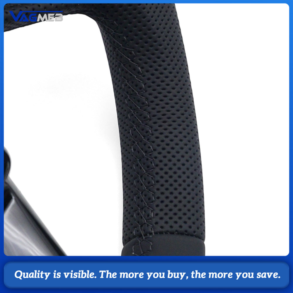 For Audi Q3 Steering Wheel, Half Perforated Leather, Gloss Black Finish, Black Stitching, Heated Function, Without Buttons & Paddle Shifters