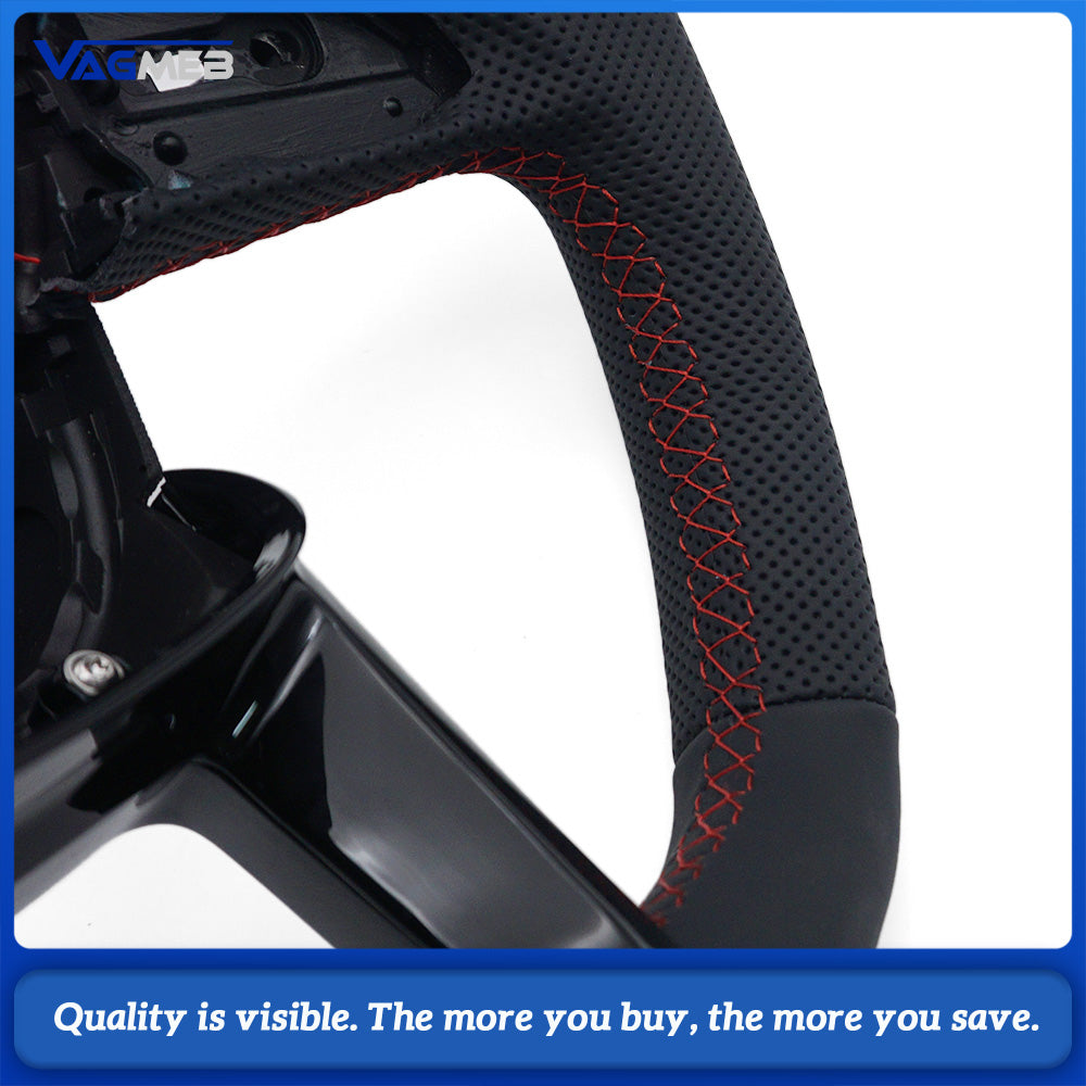 For Audi Q5FY Gloss Black Half Perforated Leather Steering Wheel, Red Stitching Steering Wheel Without Shift Paddles and Buttons