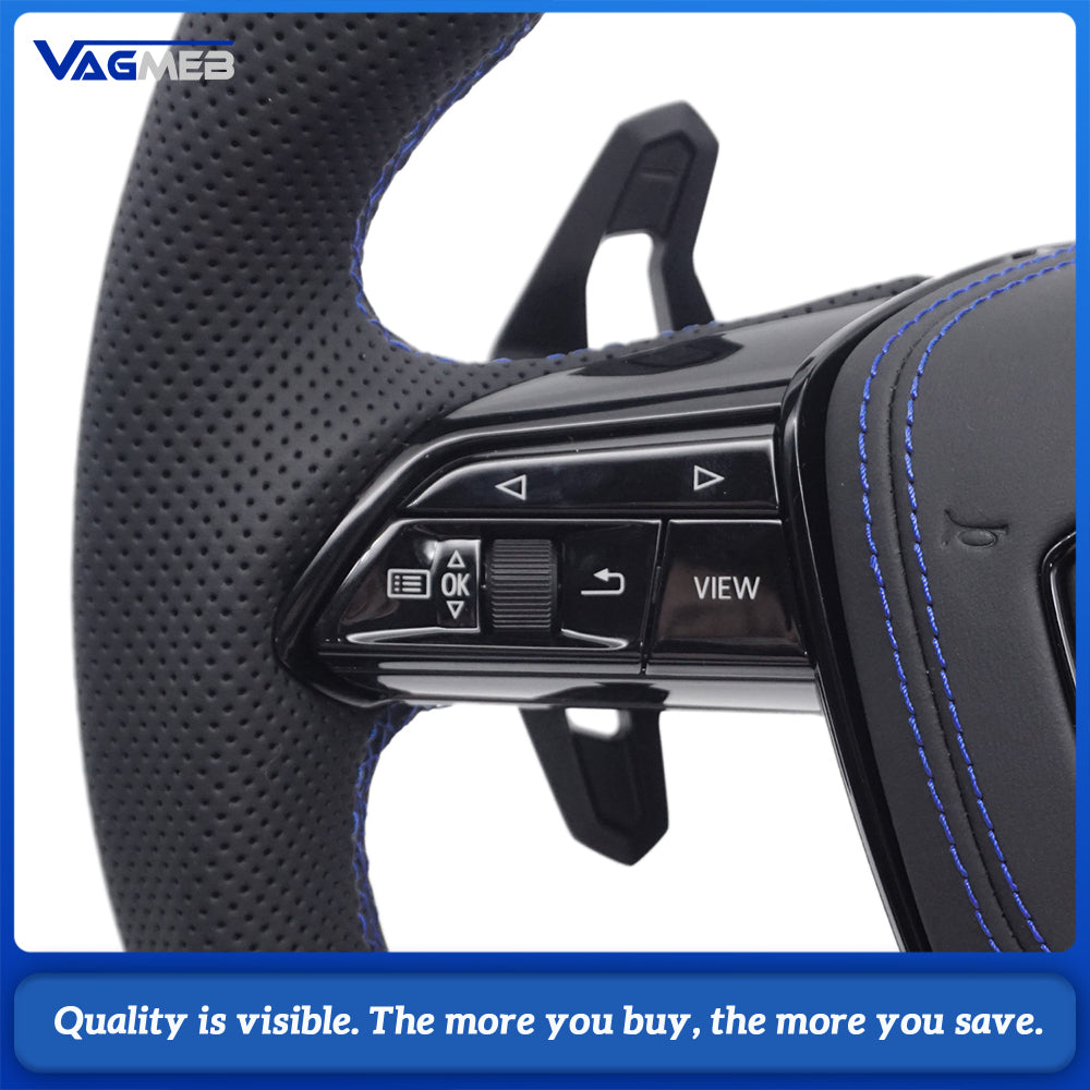 RS Logo Half Perforated Leather Steering Wheel Blue Stitch For Audi A6 C8 A7 S6 RS6