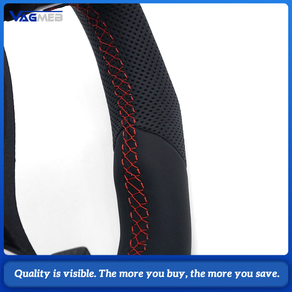 For VW Golf MK5 Half Perforated Leather Steering Wheel, Red Stitching With Control Buttons Without Shift Paddles