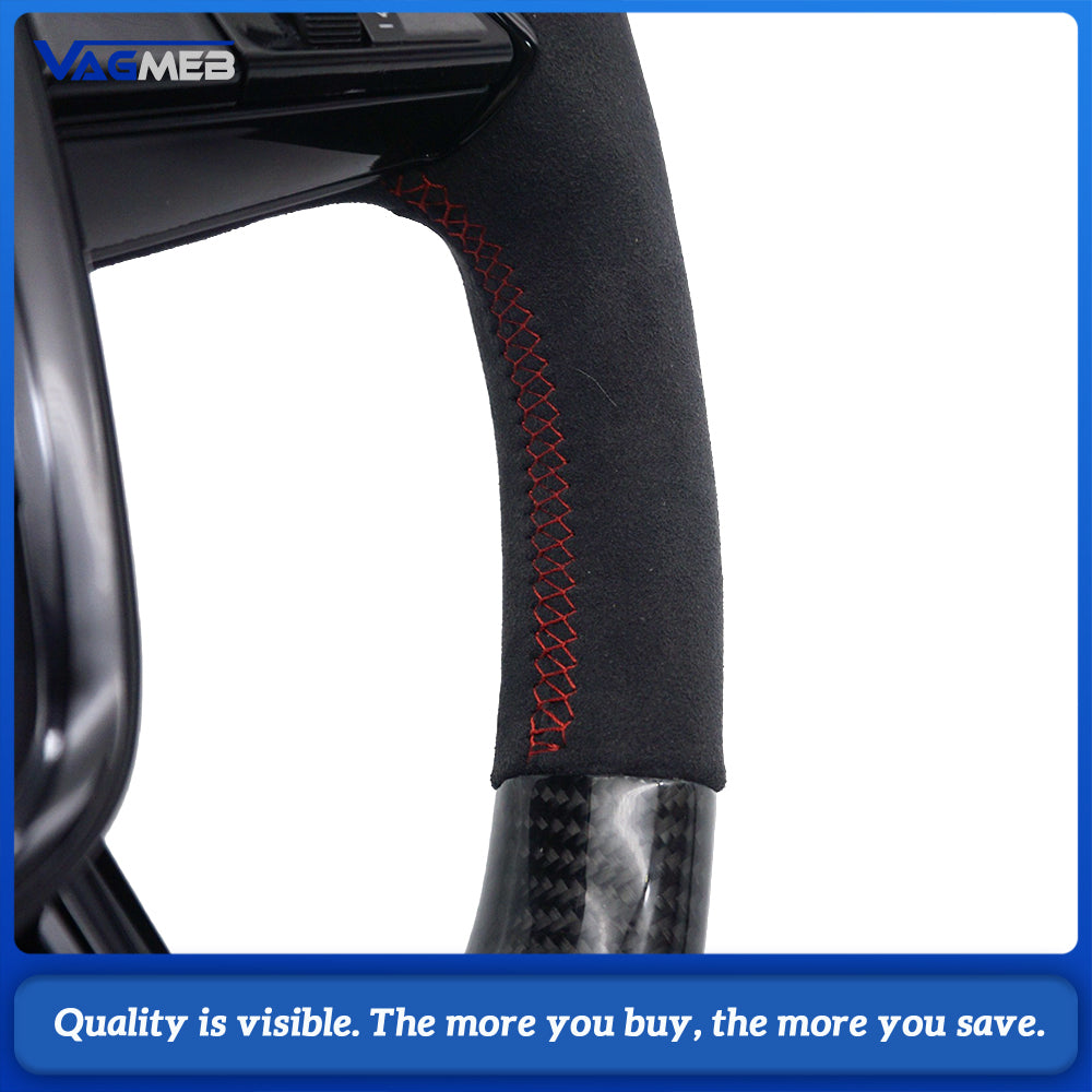 Sport Steering Wheel Gloss Black Carbon Fiber Half‑Alcantara Red Stitching For Audi A6 C8, Multifunction Buttons Shift Paddles Heated Function