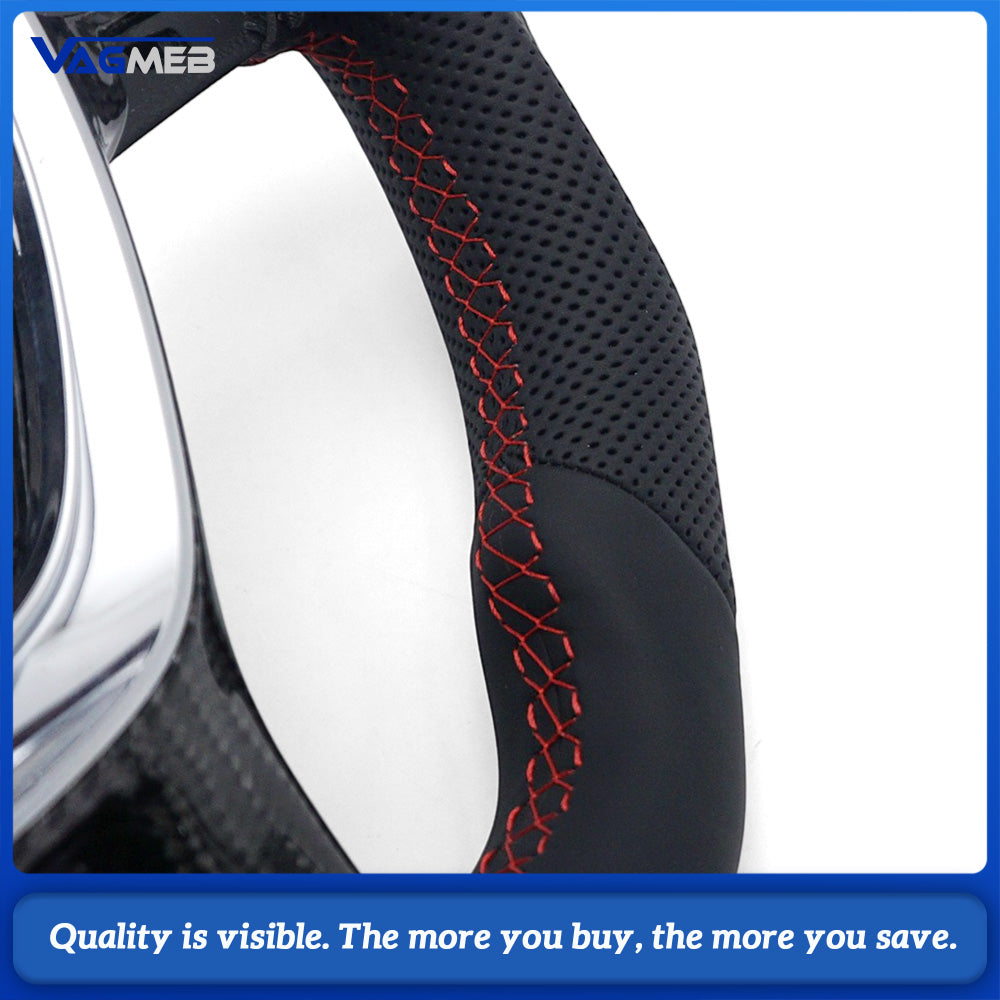 For VW T6 Half Perforated Leather Steering Wheel, Red Stitching Steering Wheel With Carbon Fiber Frame Car Modification Replacement Part