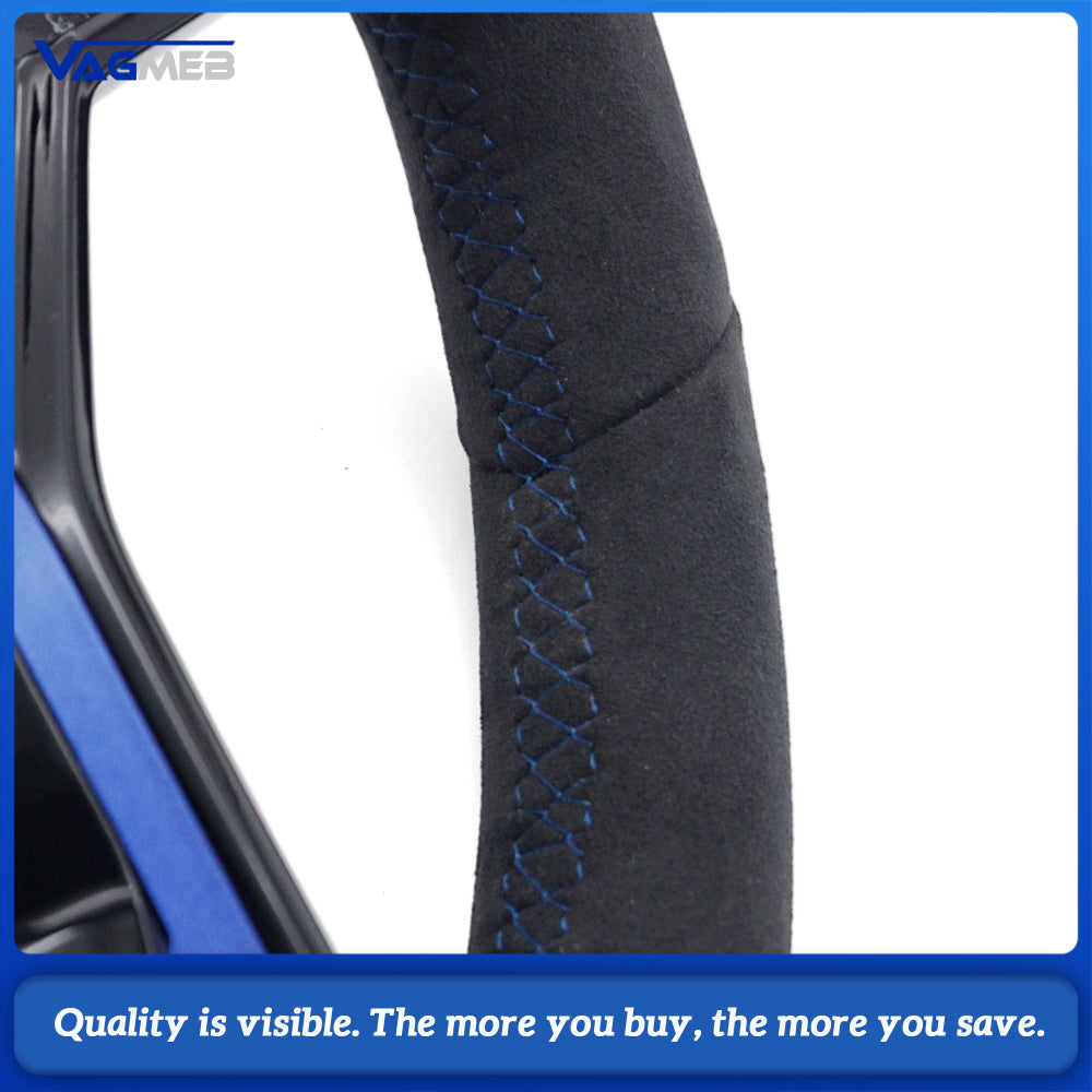 For VW Golf MK8 Full Alcantara Sport Steering Wheel, Blue Contrast Stitching, Blue Position Mark, Car Interior Modification Steering Wheel