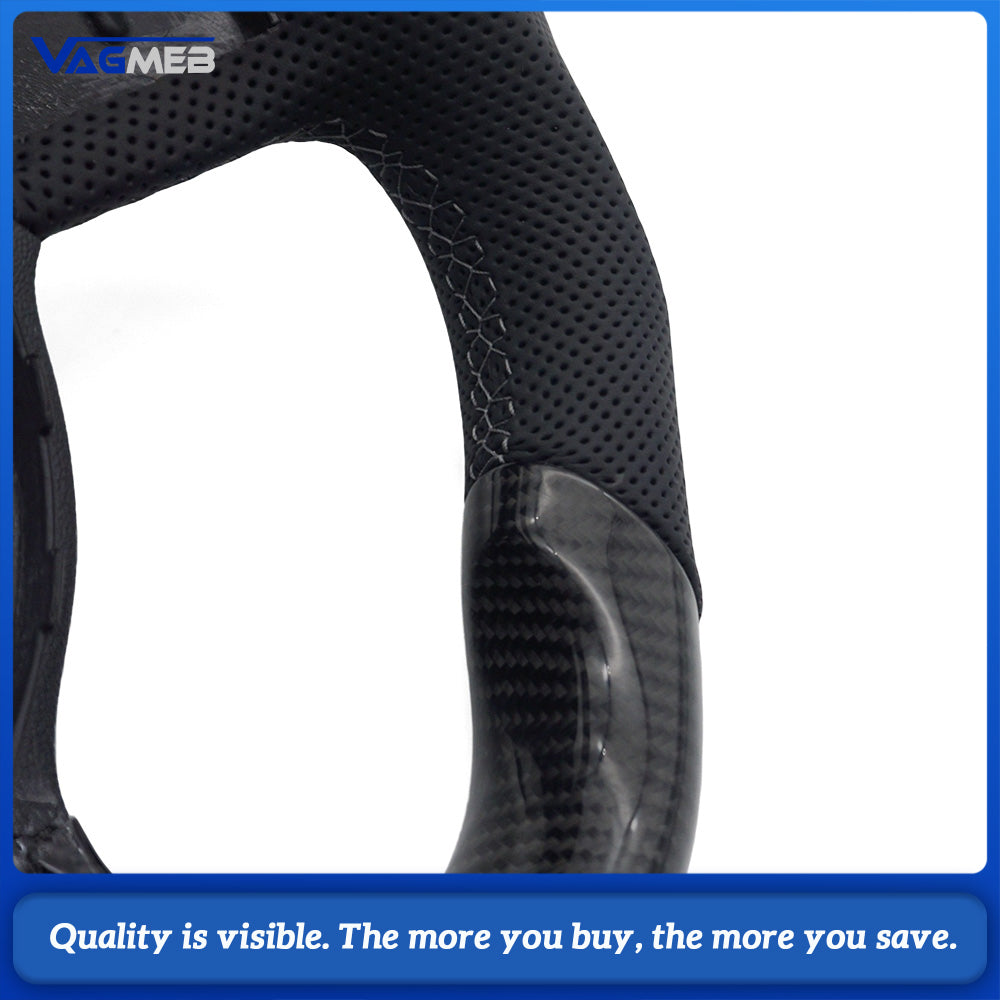 D-shaped Carbon Fiber Steering Wheel White Centering Marker Half Perforated Leather Fit Audi A4 B8 A5 Q5 8R No Paddles No Buttons