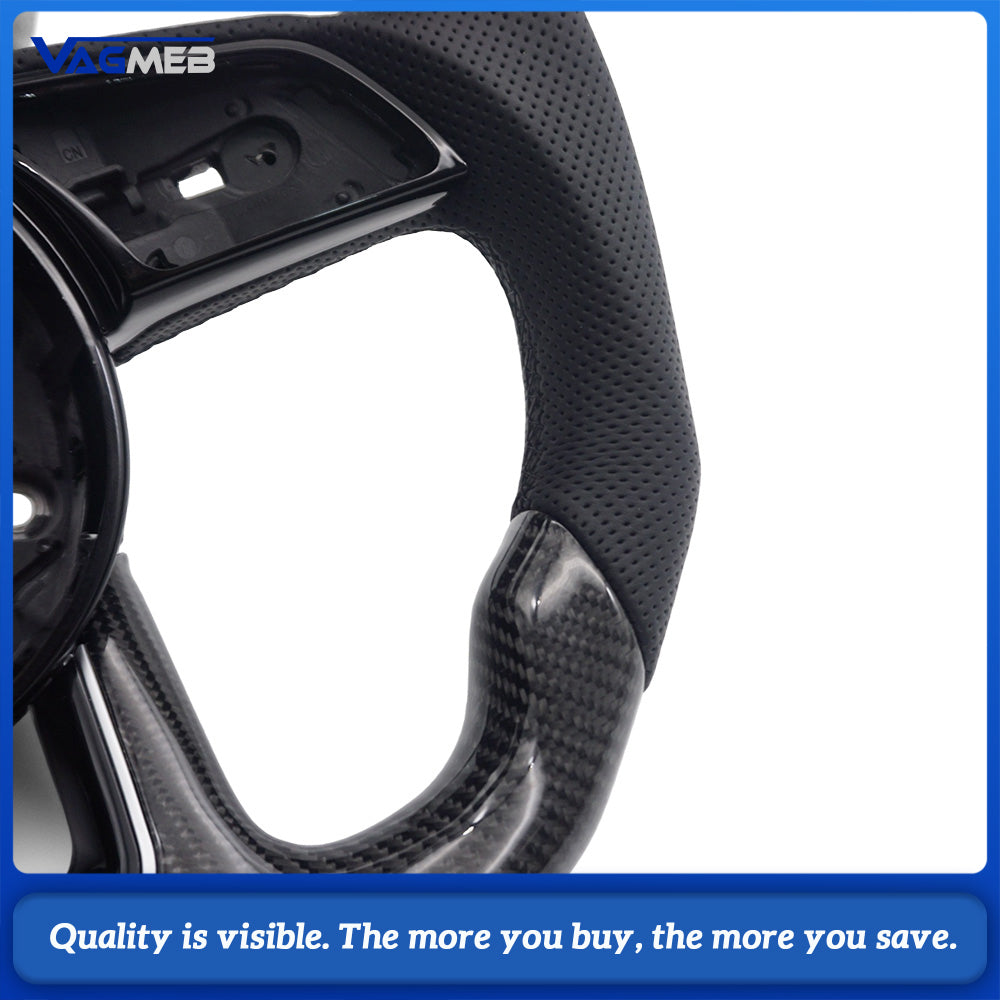 Flat Bottom Gloss Carbon Fiber Steering Wheel Half Perforated Leather Black M Tri-Color Stitch RS Badge 12 O'clock Marker Fit Audi A4 B9 S4 RS4