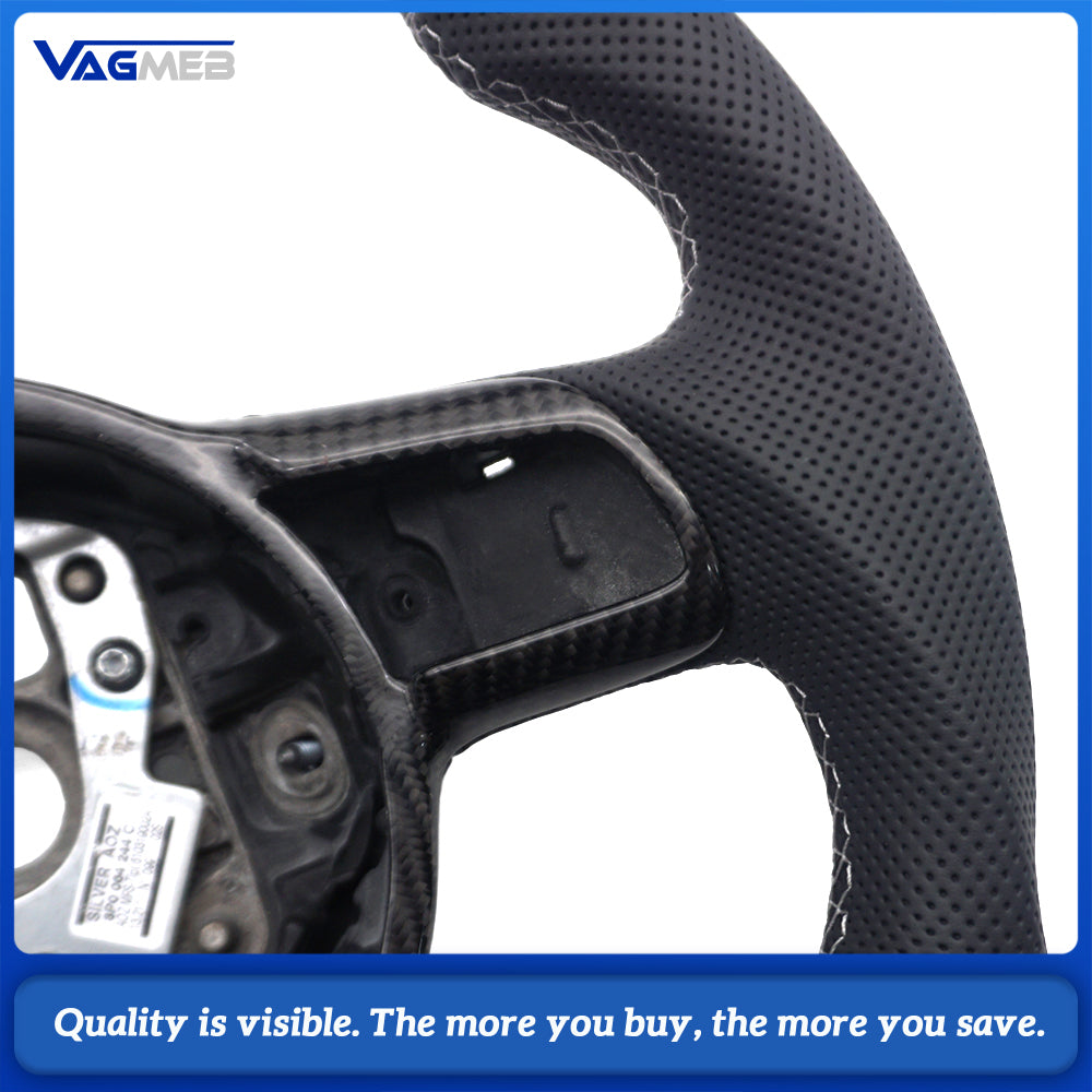 For Audi R8 Mk1 42 2007-2015 Carbon Fiber Steering Wheel, Half-Perforated Leather, White Stitching, White 12 O'clock Mark, With Button Frame & R8 Logo, Custom Upgrade