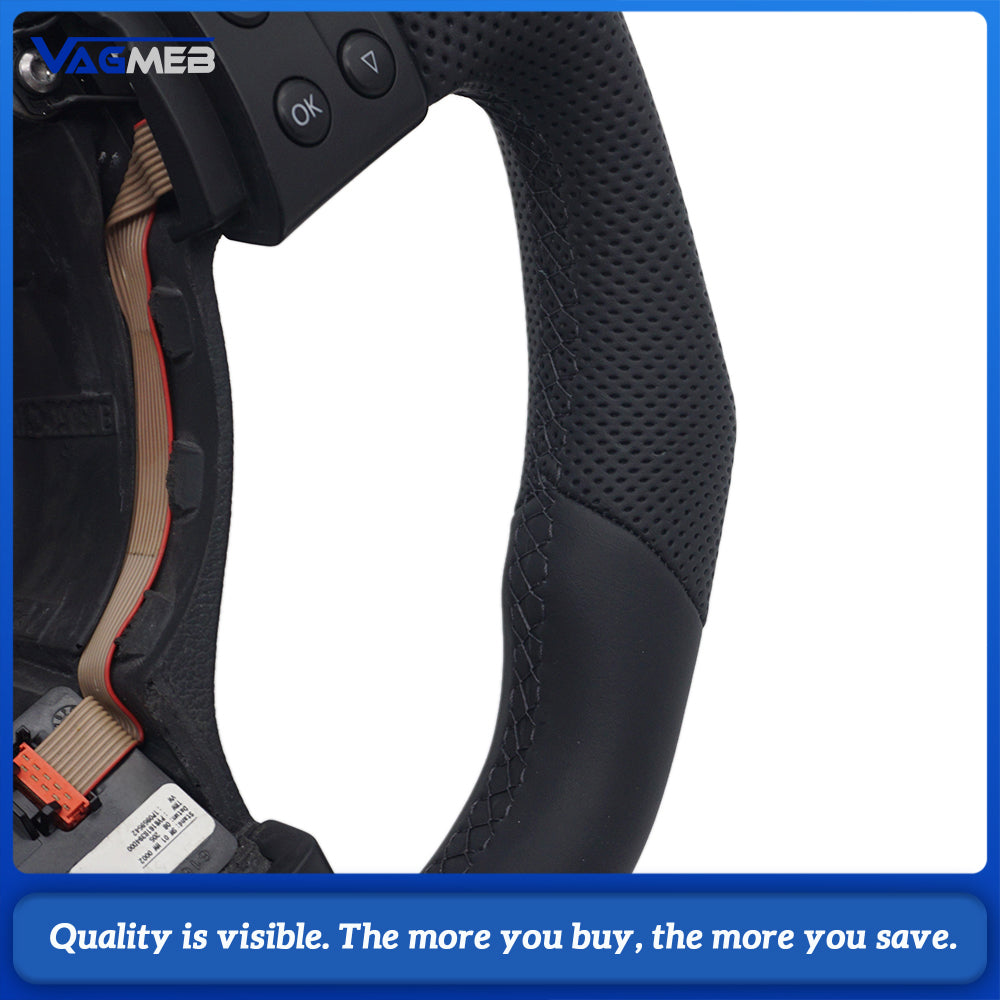 VW Golf MK5 Semi Perforated Leather Steering Wheel, Black Stitching With Control Buttons, Without Shift Paddles Retrofit Replacement