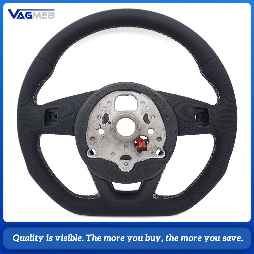 Car Half Perforated Leather Steering Wheel White Stitch Heated Function No Buttons No Paddle Shifters For Audi A4 B9 Modification
