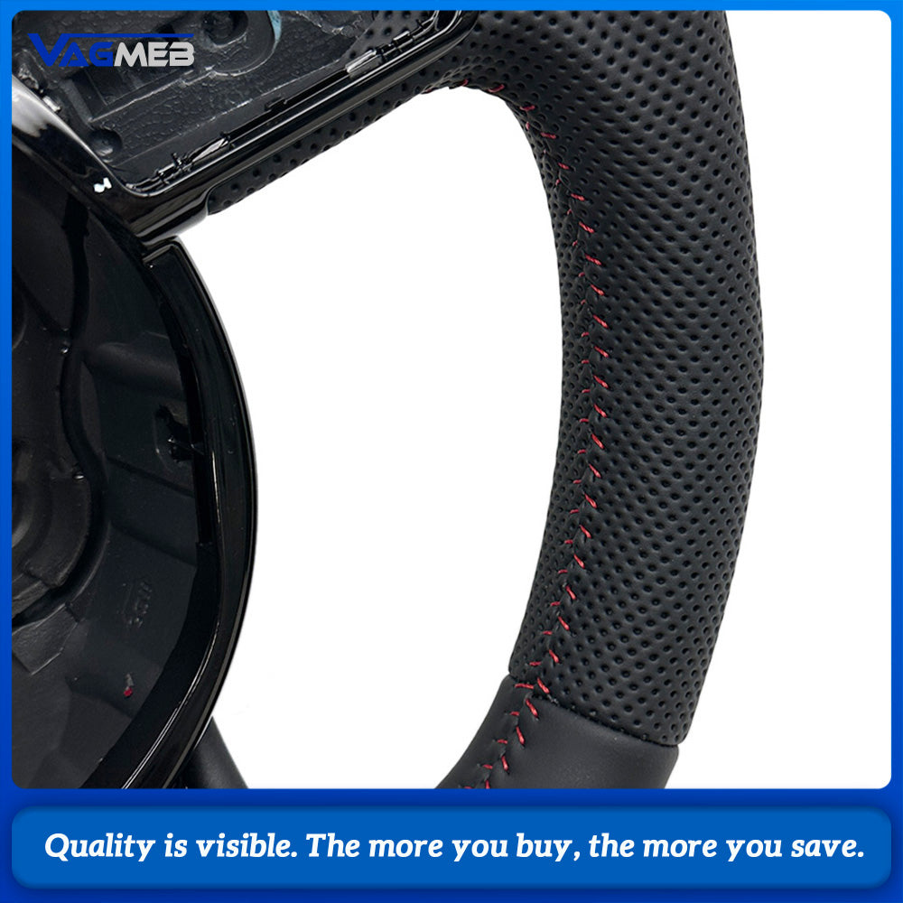 For Audi A4 B8 Half Perforated Leather Steering Wheel Red Stitching, Multifunction Steering Wheel Without Shift Paddles and Control Buttons Car Modification Parts