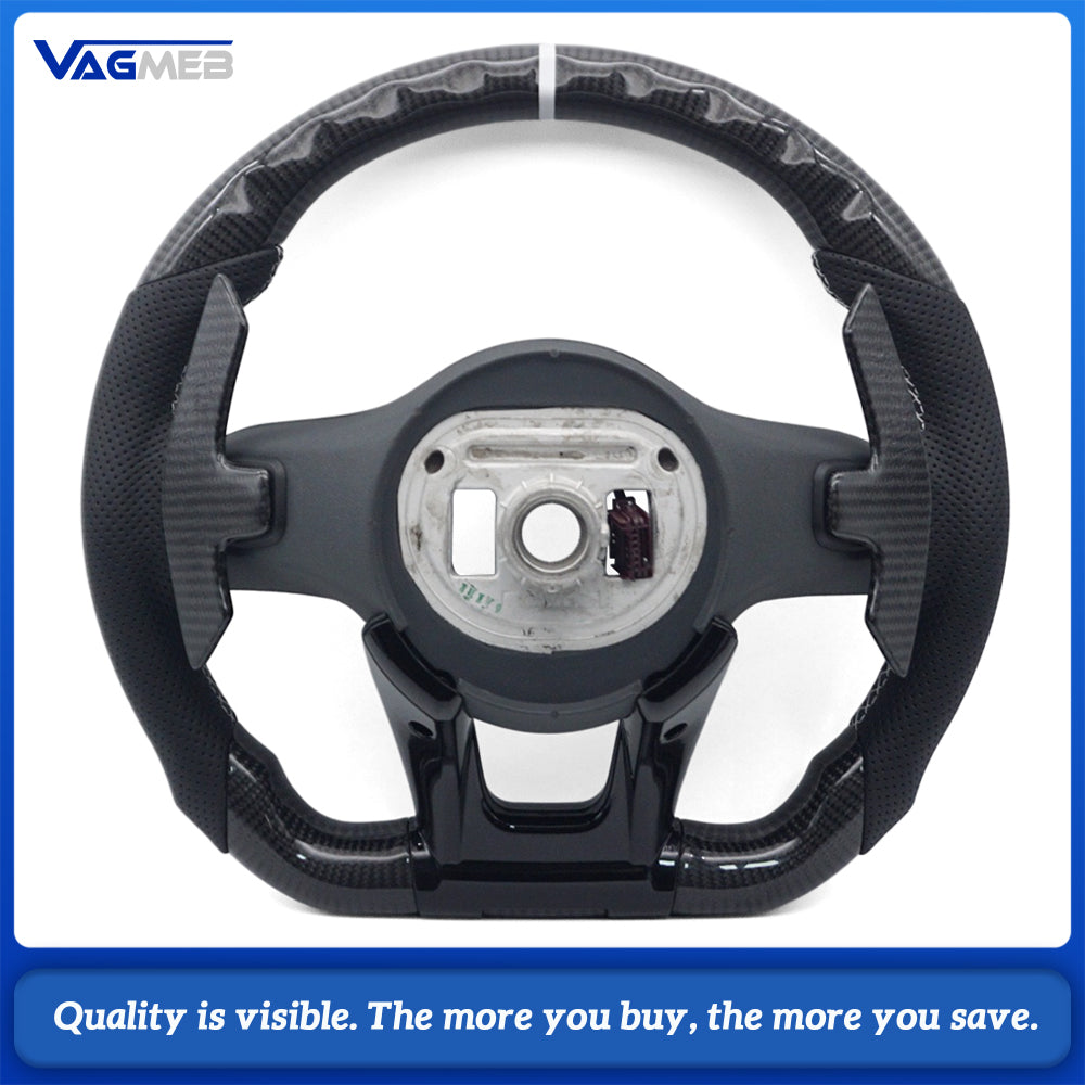 Car AMG Style Carbon Fiber Half Perforated Leather Steering Wheel White Stitching White Center Marker With Control Buttons And Large Paddle Shifters For Mercedes Benz