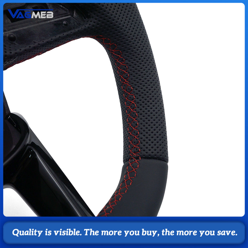 Gloss Black Semi‑Perforated Heated Steering Wheel Red Stitching No Button No Paddle For Audi Q5 FY Interior Upgrade Replacement