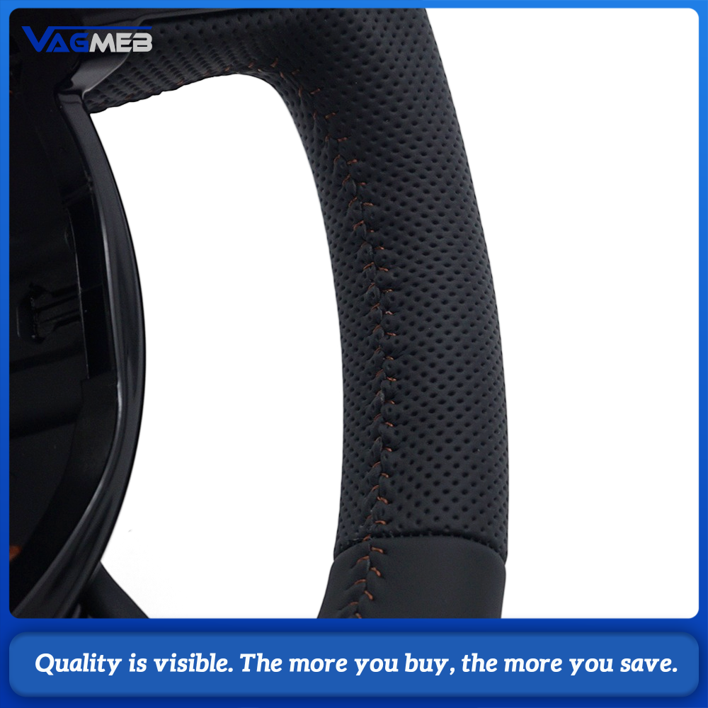 Car Steering Wheel Half Perforated Leather Brown Stitching With Control Buttons Without Paddle Shifters Replacement For Audi A4 B8