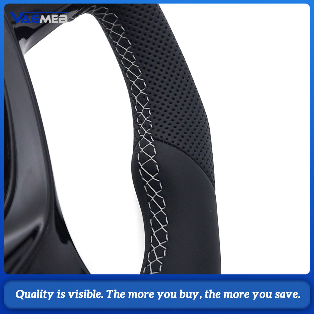 Universal Semi Perforated Leather Car Steering Wheel, White Stitching, Car Interior Sport Modification Steering Wheel For VW T6