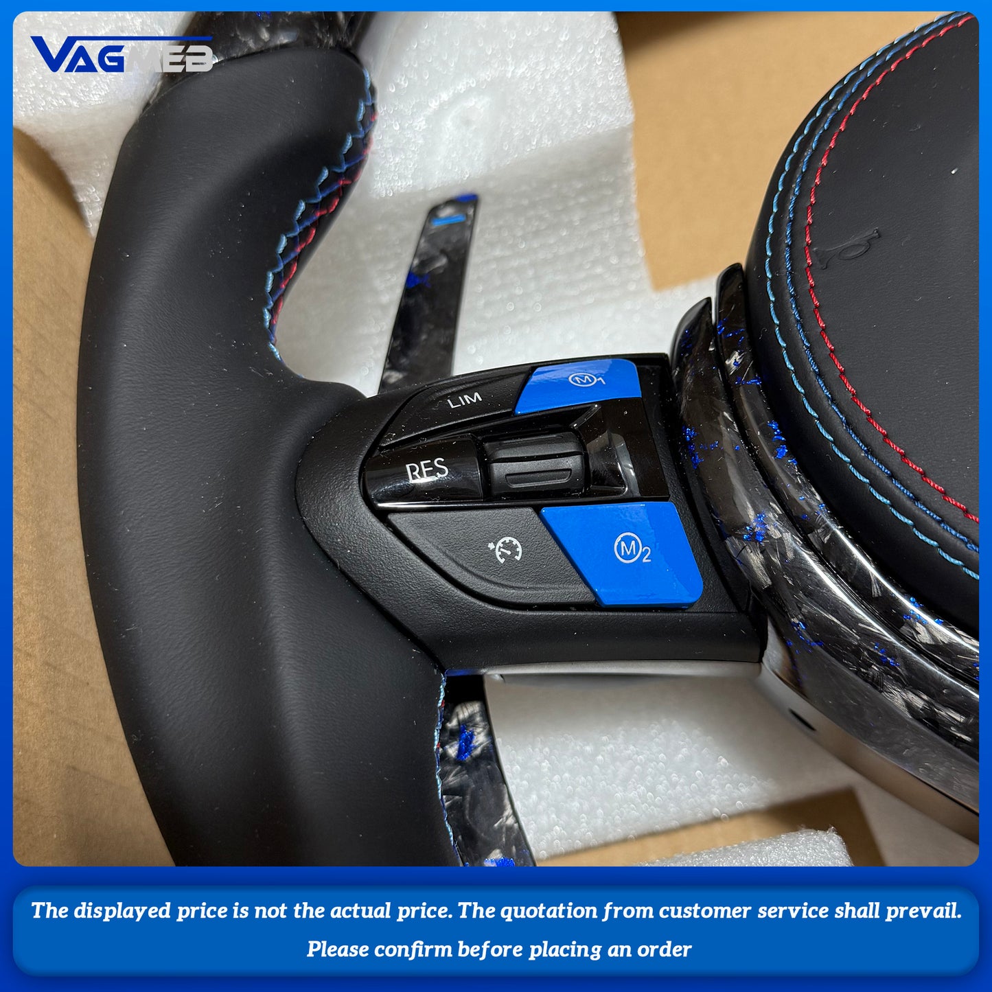 For BMW 1 3 5 e x Series custom blue forged carbon fiber half perforated leather steeringwheel with carbon paddle