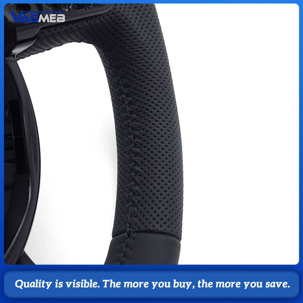 Sport Steering Wheel Replacement For Audi A4 B8, Semi-Perforated Black Leather, Black Stitch, RS Badge, Without Paddles & Multifunction Buttons