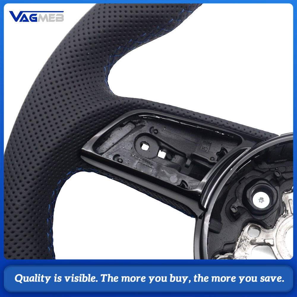 For Audi A4 B9 RS Logo Half Perforated Leather Steering Wheel Blue Stitch Blue Center Marker