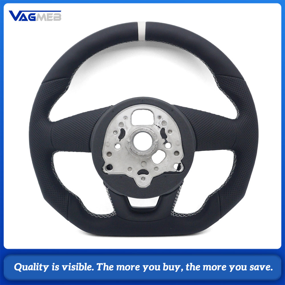 Sport Steering Wheel Semi‑Perforated Leather White Contrast Stitching White Center Mark No Paddle Shifters Buttons Not Included For Audi A4 B9