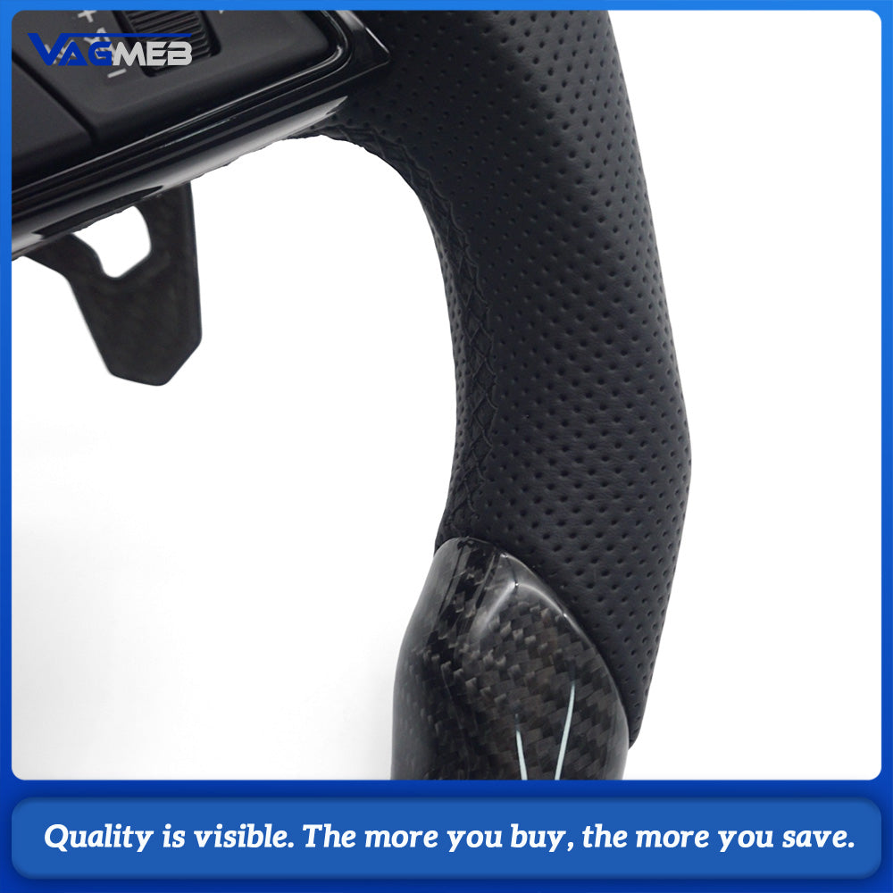 Flat Bottom RS Sport Steering Wheel Fit Audi A4 B9 OEM Bare Core Half Perforated Black Stitch Complete Carbon Paddles Button Trim HOD Decoder Included
