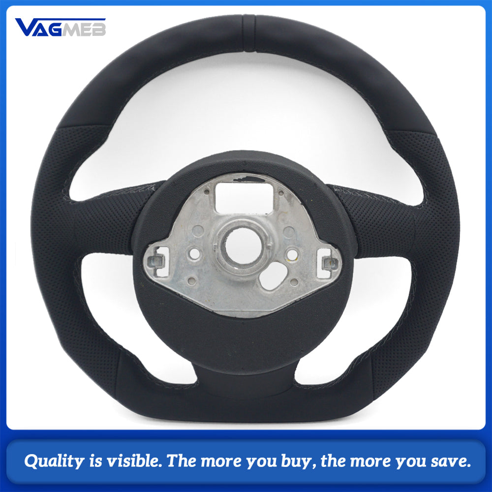 Flat Bottom Half Perforated Leather Steering Wheel Gray Stitch Black 12 O'clock Marker S Badge For Audi A4 B8 S4