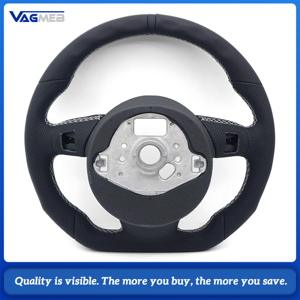 Semi‑Perforated Leather Steering Wheel White Stitching Black Center Mark No Paddle Shifters For Audi A4 B8