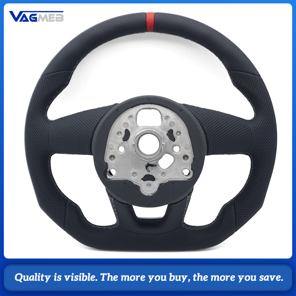 Car Contoured Half Perforated Steering Wheel Gray Stitching Red Center Marker Without Paddle Shifters and Control Buttons Replacement For Audi A4 B9