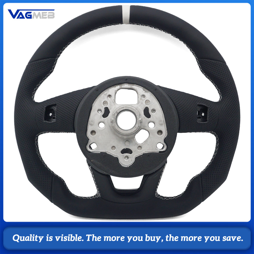 Sport Contoured Steering Wheel For Audi A4 B9, Half‑Perforated Leather White Stitching White Centering Mark, No Shift Paddles