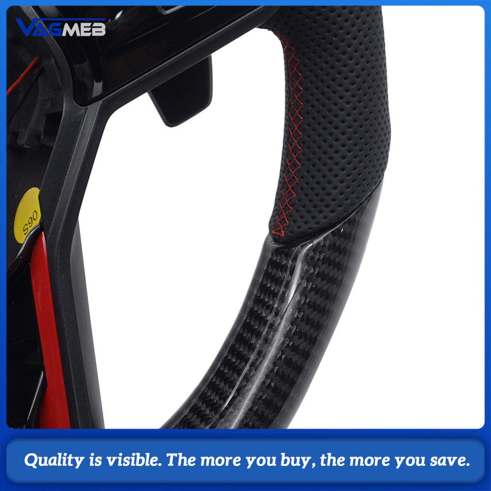 Car Sport LED Carbon Fiber Steering Wheel For VW Golf 8 MK8, Half Perforated Leather, Red Stitch, Red 12 O’Clock Center Mark, Equipped with Multi-function Buttons & Gear Shift Paddles