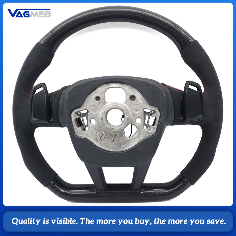 Sport Steering Wheel Gloss Black Carbon Fiber Half‑Alcantara Red Stitching For Audi A6 C8, Multifunction Buttons Shift Paddles Heated Function