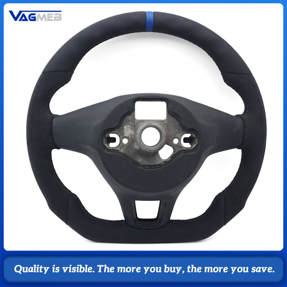 Car Half Suede Alcantara Steering Wheel Black Stitching With Blue Center Marker Replacement For VW T6