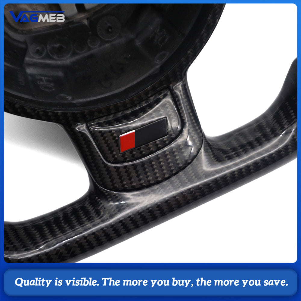 For Audi R8 Mk1 42 2007-2015 Carbon Fiber Steering Wheel, Half-Perforated Leather, White Stitching, White 12 O'clock Mark, With Button Frame & R8 Logo, Custom Upgrade