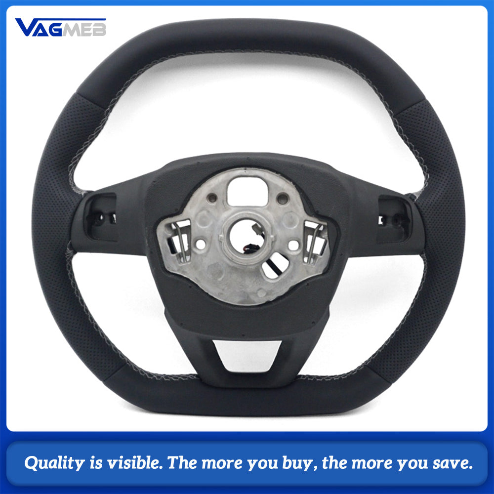 S-Line Steering Wheel For Audi A6 C8 A7 C8, Half Perforated Leather White Stitching, Heated Function, No Shift Paddles, No Multifunction Buttons