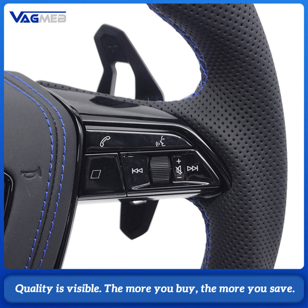 RS Logo Half Perforated Leather Steering Wheel Blue Stitch For Audi A6 C8 A7 S6 RS6