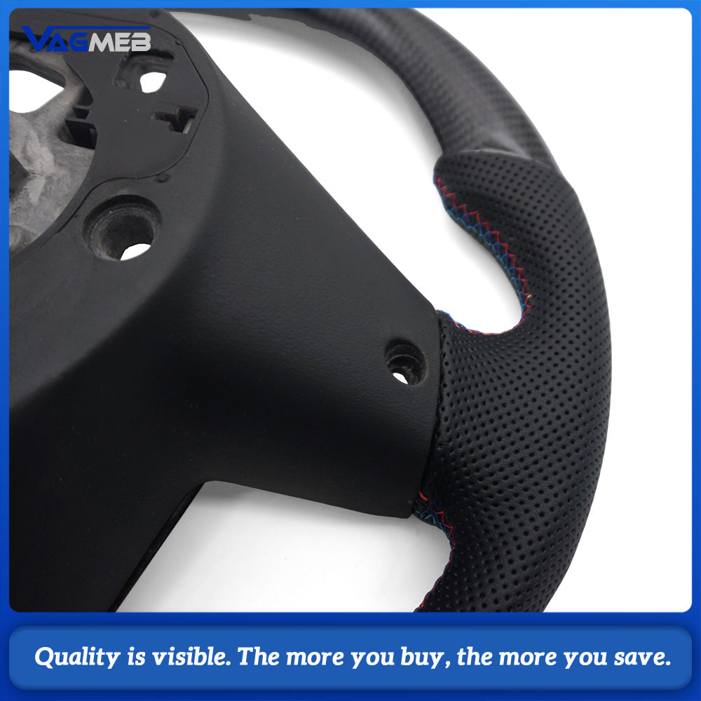 Custom Racing Flat Base Steering Wheel Carbon Fiber & Half Perforated Leather Blue Contrast Stitching For BMW X1 E84 F48