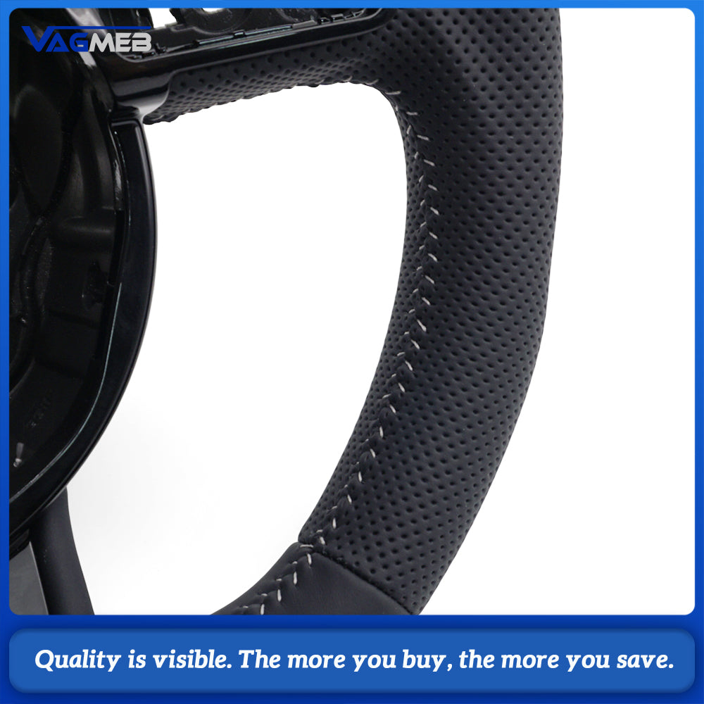For Audi A4 B8 A3 8V A4 A5 A7 Q3 Q5 Q7 white Stitched Full Leather Perforated Flat Bottomed Steering Wheel