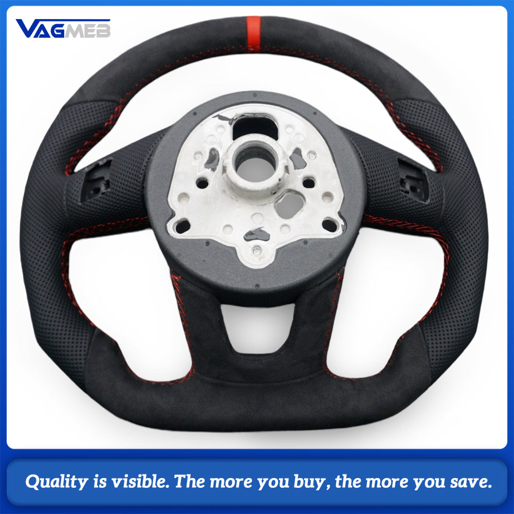 For Audi A4 B9 Steering Wheel, Top & Bottom Alcantara, Side Perforated Leather, Red Stitching, Red Center Marker, Contoured Design, Without Airbag