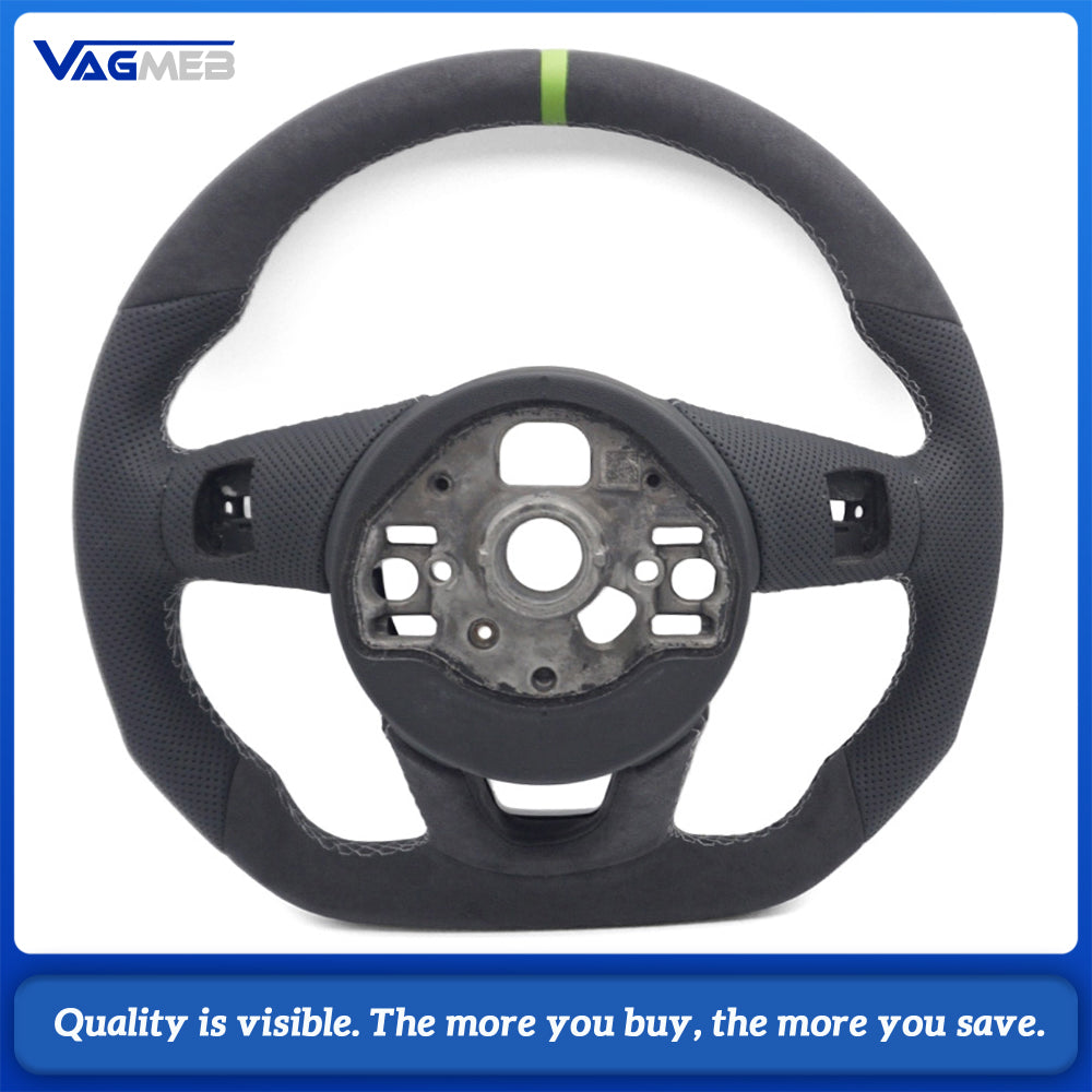 For Audi A38Y S Sport Steering Wheel With S Badge Shaped Bottom Base Half Perforated Leather Upper Lower Alcantara Cover White Thread Green Recenter Mark Modified Interior Steering Wheel