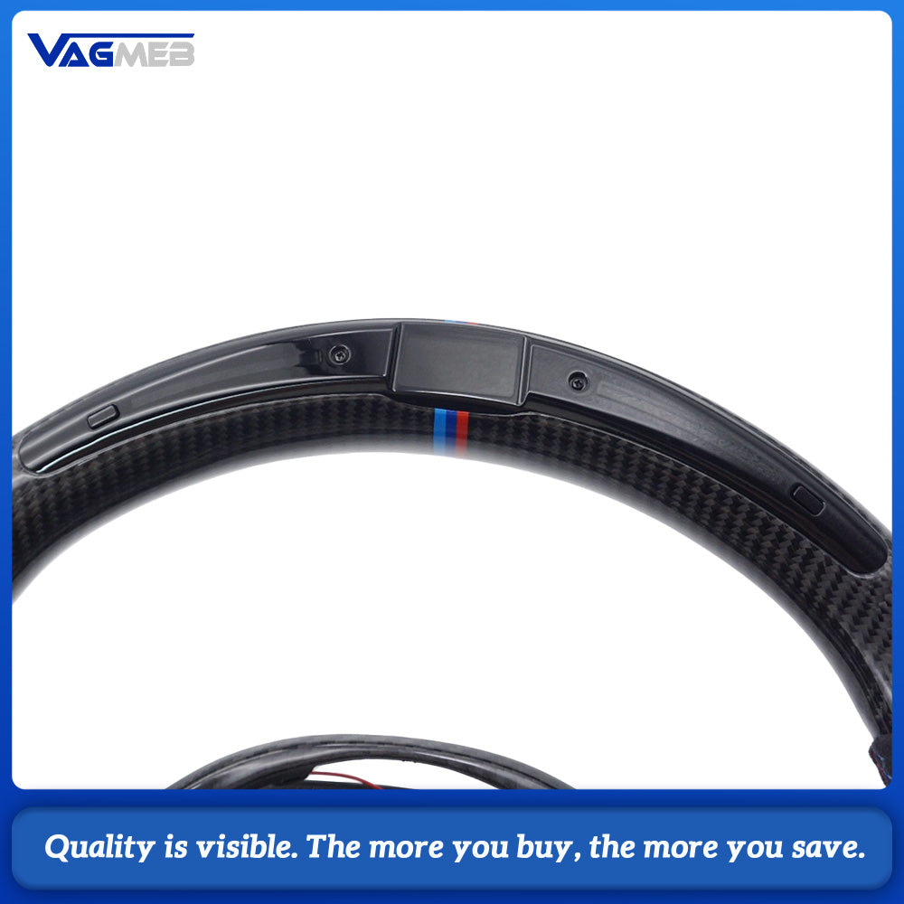 Carbon Fiber Sport Steering Wheel LED Shift Display Semi‑Alcantara Suede M‑Tri‑Color Stitching Tri‑Color Center Mark Full Carbon‑Fiber Button Trim With Steering Wheel Heating For BMW G38