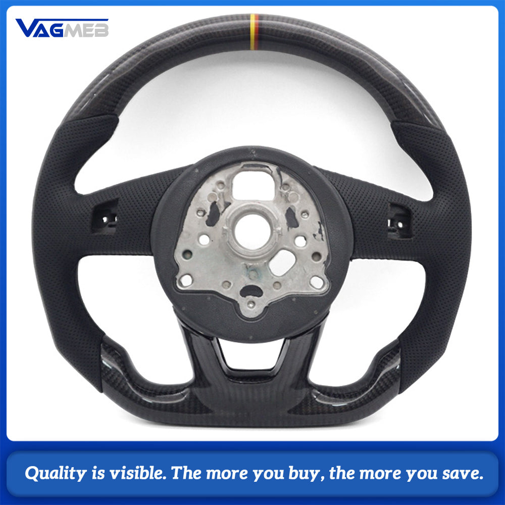 Flat Bottom Gloss Carbon Fiber Steering Wheel Half Perforated Leather Black M Tri-Color Stitch RS Badge 12 O'clock Marker Fit Audi A4 B9 S4 RS4