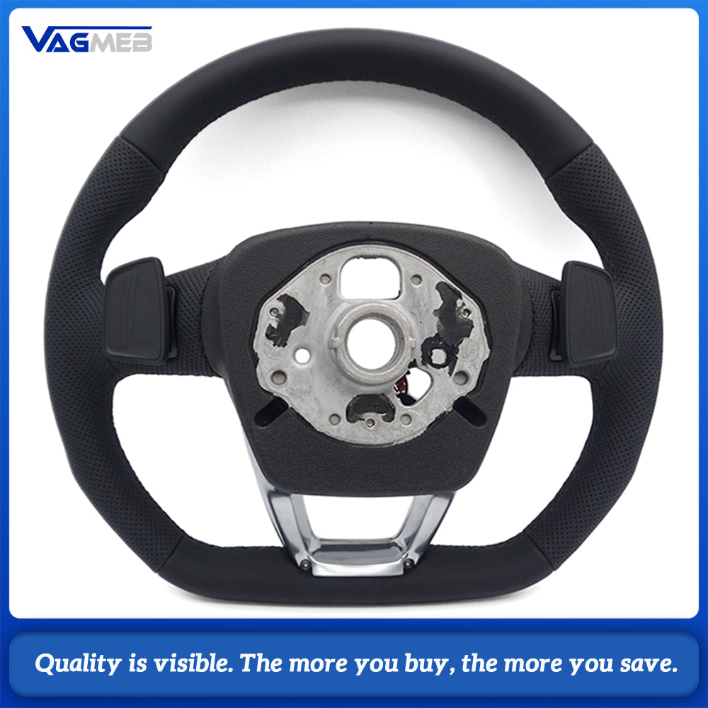 Flat Bottom Half Perforated Leather Steering Wheel Black Stitch S Badge With Multifunction Buttons Mini Paddle Shifters Heating For Audi Q5L FY SQ5
