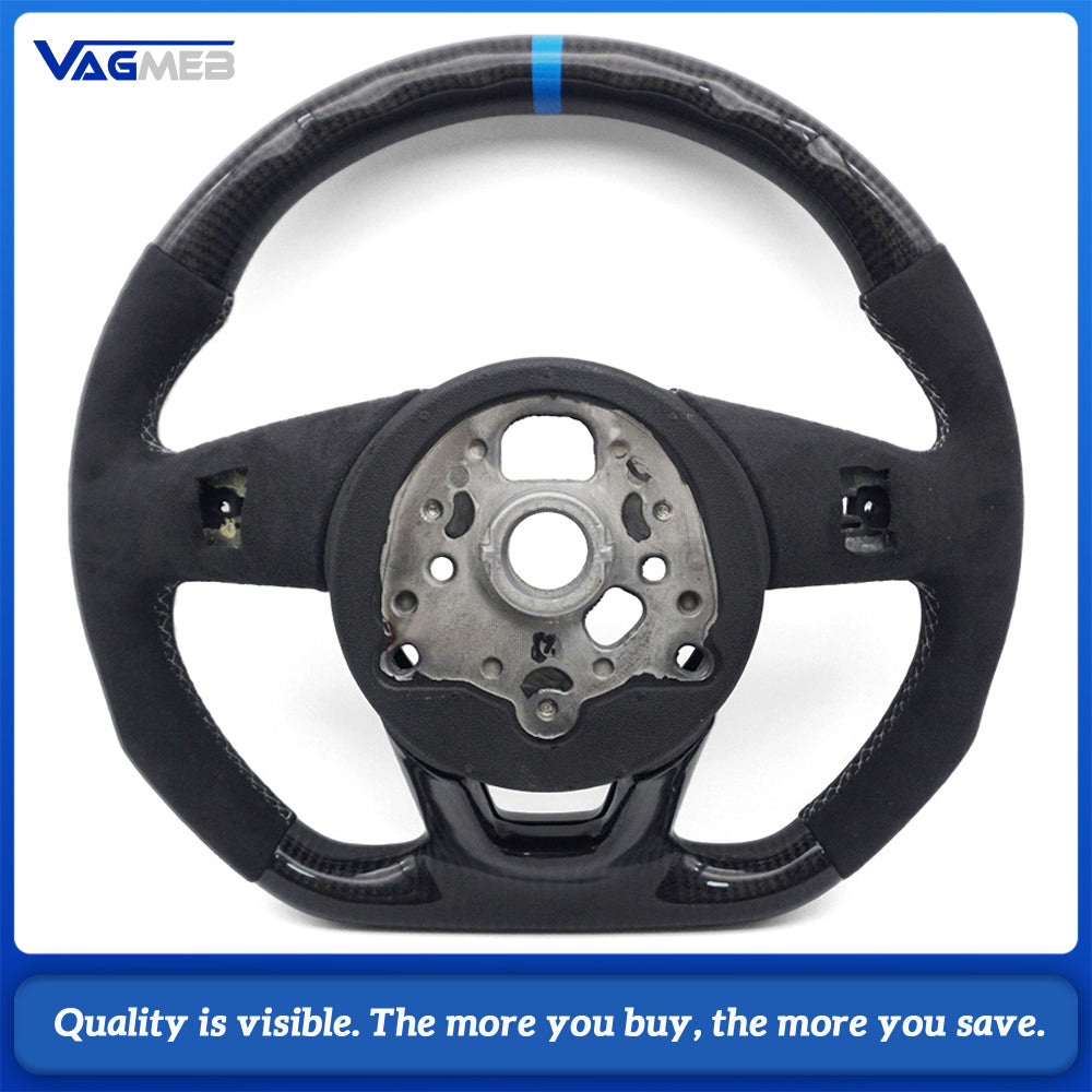 Modified Steering Wheel For Audi A4 B9, Semi Alcantara & Carbon Fiber, White Stitch, Blue Top Marker, RS Emblem